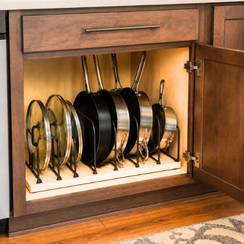 lower kitchen cabinet with vertical pan organizer holding pots and lids