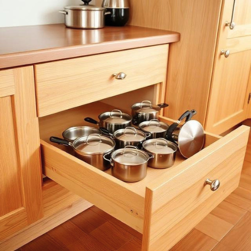 lower kitchen cabinet with slide-out wooden drawer holding organized pots and pans