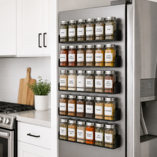 magnetic spice rack mounted on refrigerator side with small uniform labeled jars