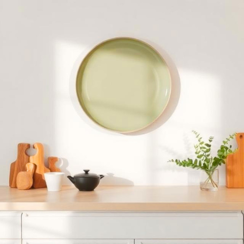 Minimalist kitchen wall decor featuring a single handmade ceramic plate display
