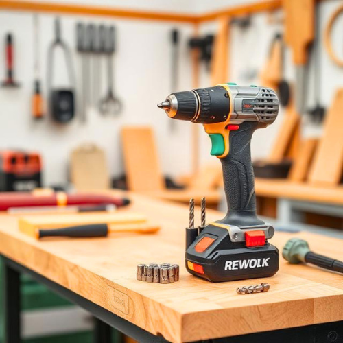 Modern cordless drill with drill bits on wooden DIY workbench | DIY Tools News