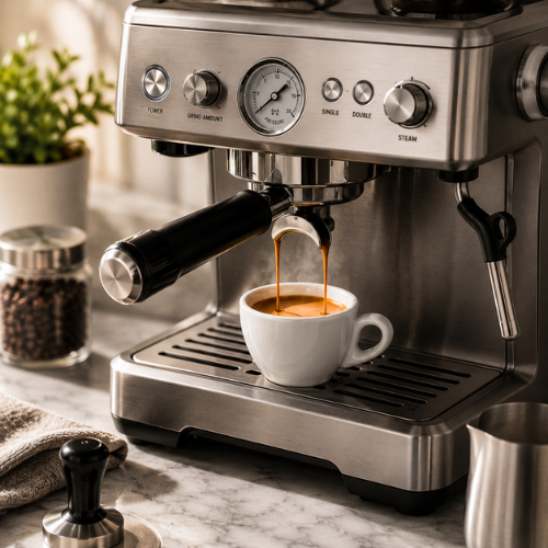 Home espresso machine pulling a rich espresso shot with golden crema into a small white ceramic cup