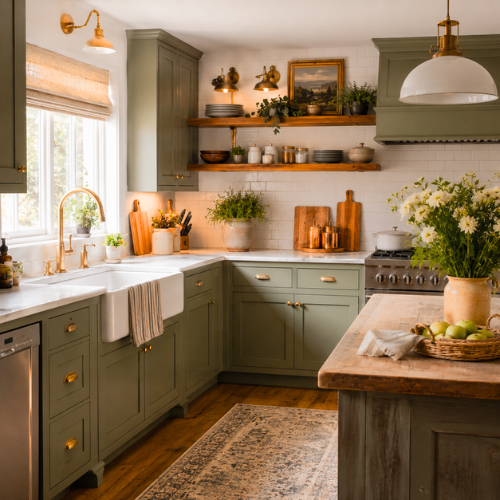Modern farmhouse kitchen decor with sage green cabinets