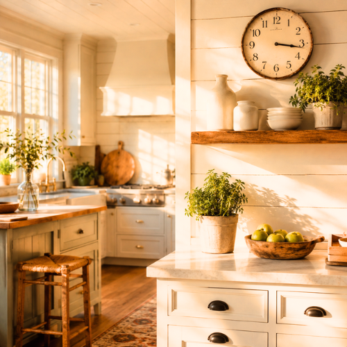 Modern farmhouse kitchen wall decor with shiplap accent wall and wooden floating shelves