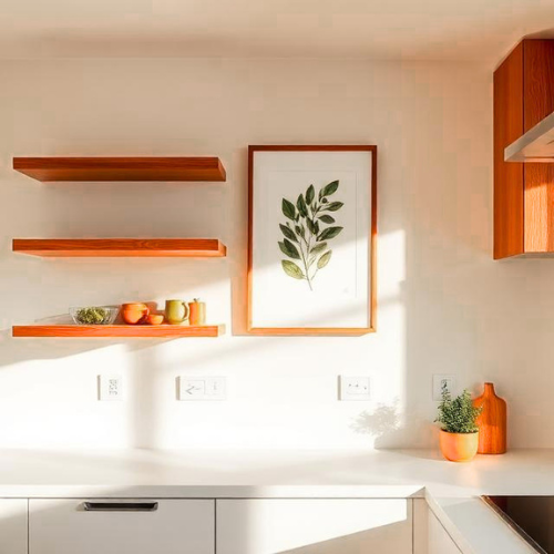 Modern kitchen wall decor ideas with floating shelves and art.