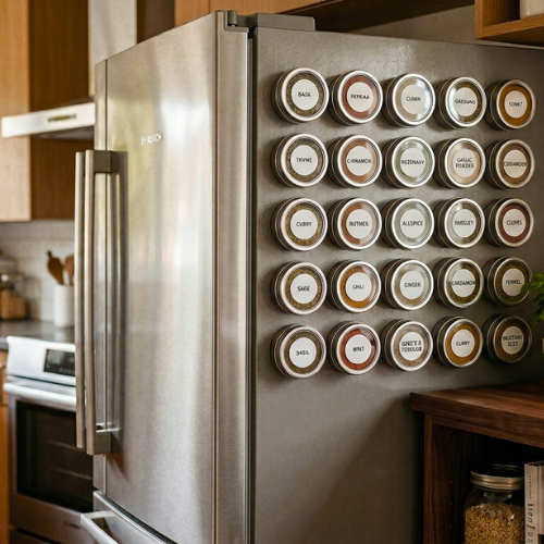 Modern kitchen with magnetic spice tins attached to the side of a stainless steel