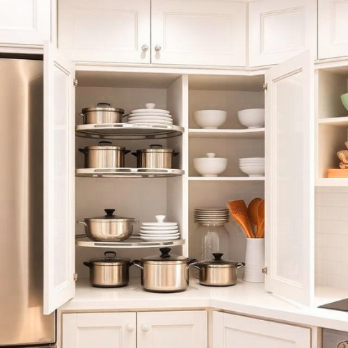 open-corner kitchen cabinet with D-shaped rotating shelves holding pots and mixing bowls
