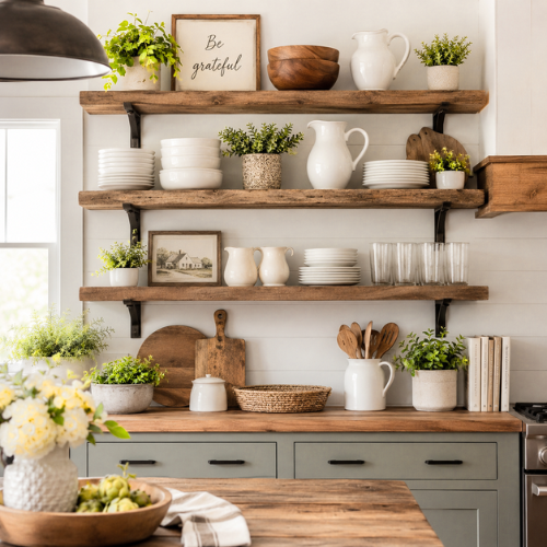 Open shelving farmhouse kitchen decor ideas