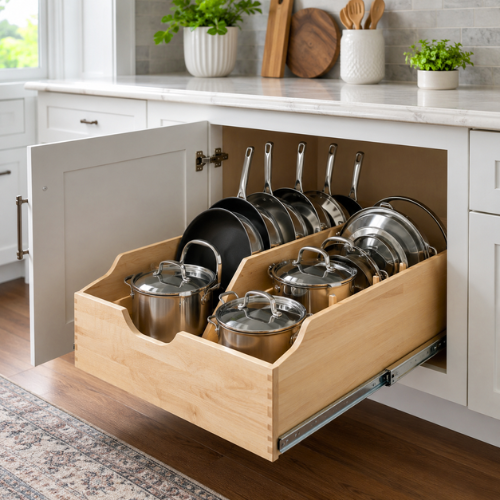 open kitchen cabinet with pull-out drawer organizer holding pots and pans