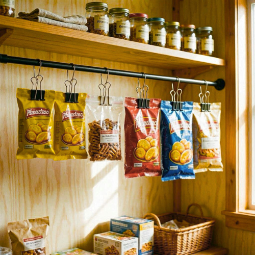 Open snack bags clipped with binder clips and hung from a small curtain rod inside a pantry