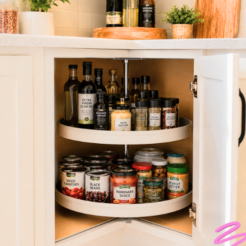 Organized corner kitchen cabinet with Lazy Susan turntable organizer