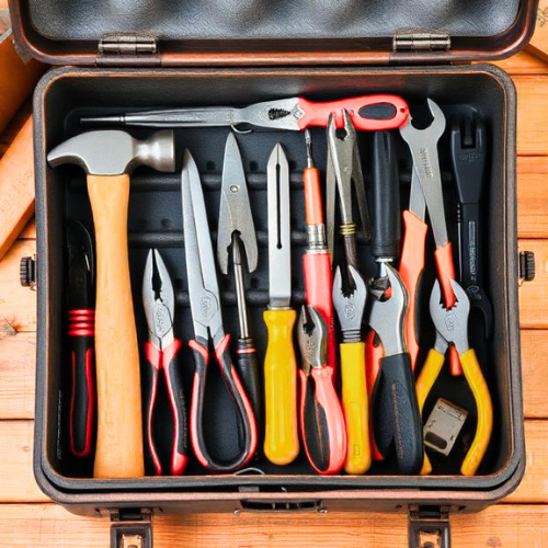 Organized homeowner hand tool kit in open toolbox