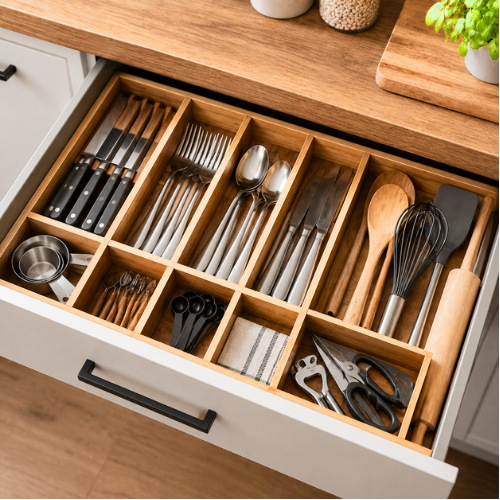 Organized kitchen drawer with dividers utensils neat small kitchen