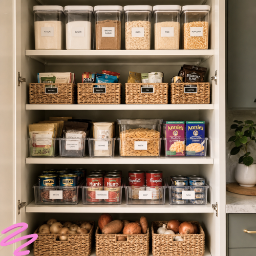 Organized kitchen pantry with stackable storage bins and woven baskets