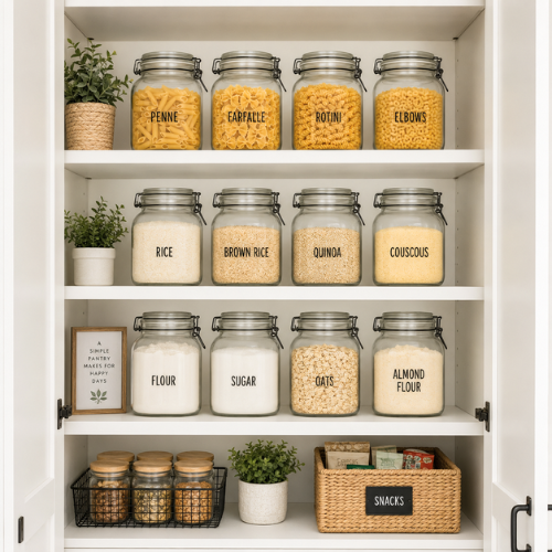 organized pantry cabinet with matching clear glass airtight containers holding