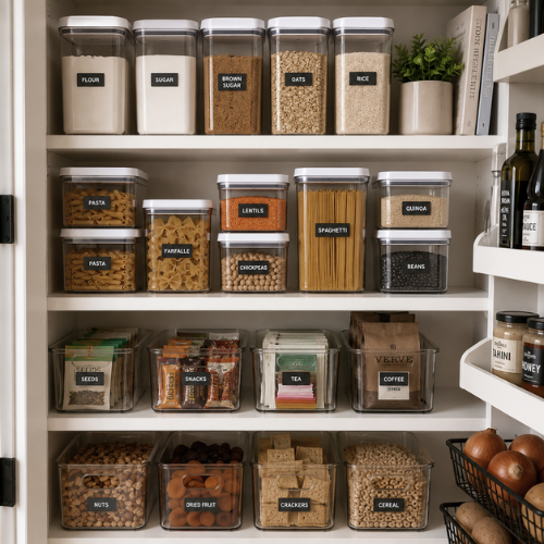 Organized pantry with stackable containers small kitchen storage