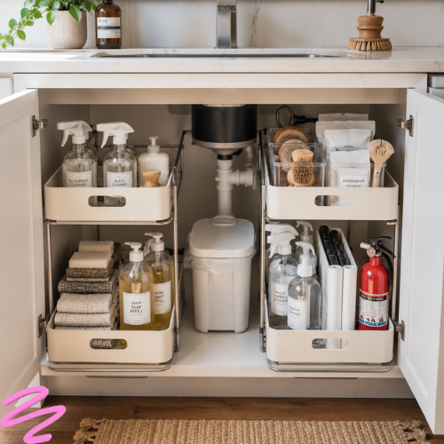 Organized under kitchen sink cabinet with two-tier pull-out organizers