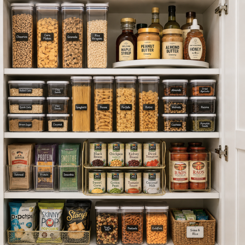 A tightly packed but beautifully organized small pantry shelf with slim stackable containers