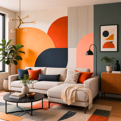 modern living room with painted geometric accent mural, artistic colorful wall design