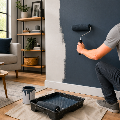 Paint roller tray and roller painting modern accent wall in stylish living room