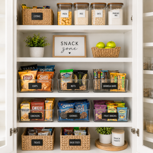 pantry cabinet snack zone with clear bins labeled for chips, nuts, and granola bars, white shelves