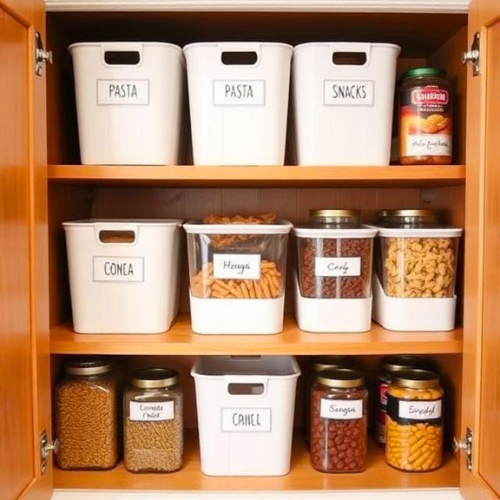 pantry cabinet with white labeled bins for pasta, snacks, and canned goods, chalk label aesthetic