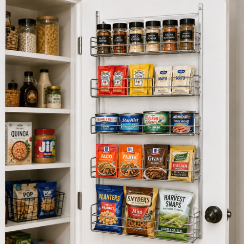 The inside of a white pantry door with a mounted metal rack holding spice jars