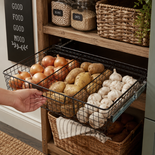 A lower pantry shelf with a slide-out wire basket being pulled forward
