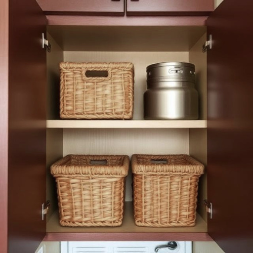 Kitchen cabinet with under shelf baskets extra storage organized compact space