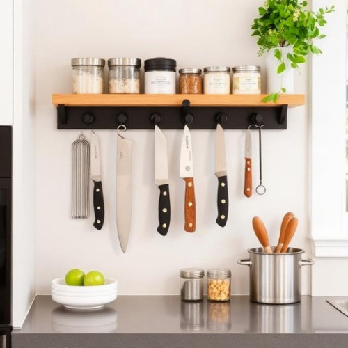 Small kitchen magnetic knife strip wall mounted clean organized modern kitchen setup
