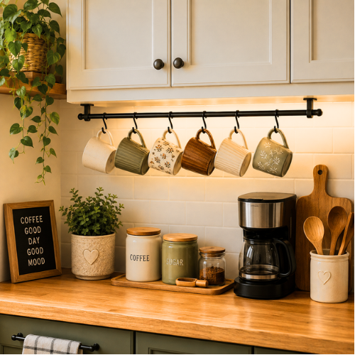 Kitchen mug hooks under cabinet cozy organized setup