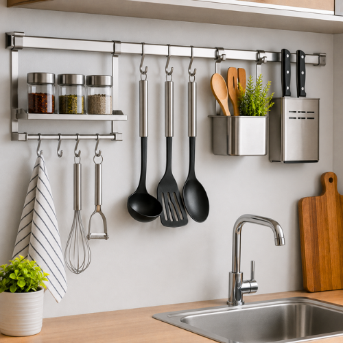 Kitchen rail system hanging utensils modern compact design