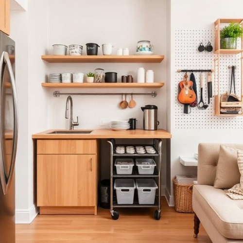 small modern apartment kitchen with compact cabinet organization