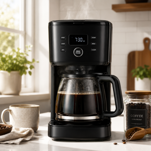 Stainless steel drip coffee maker brewing fresh coffee into a glass carafe on a modern kitchen counter