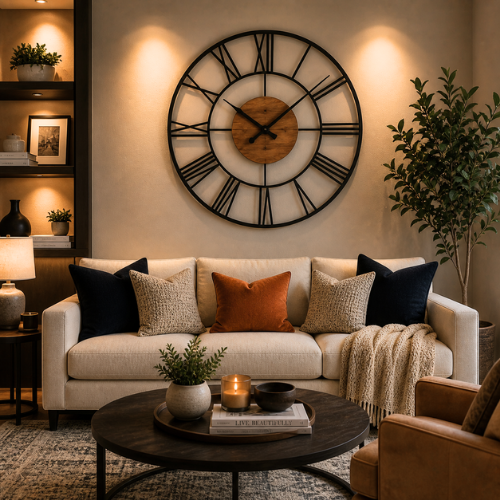 living room with oversized decorative wall clock
