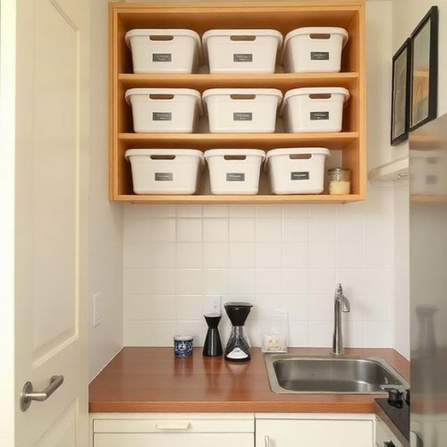tiny apartment kitchen with vertical cabinet organization