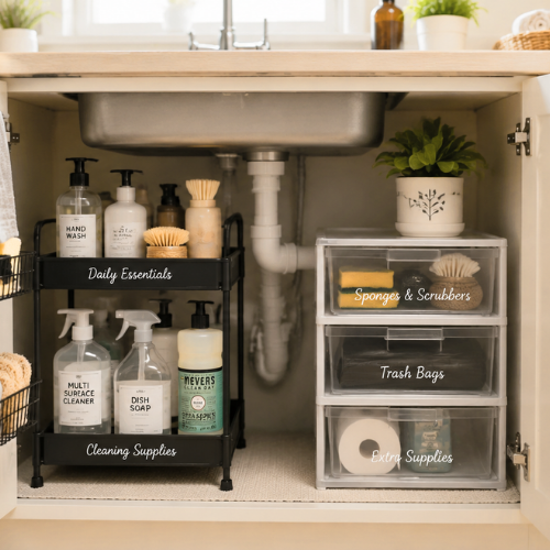 Under sink storage organized small kitchen