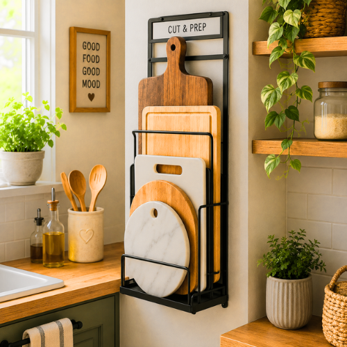 Vertical kitchen storage cutting boards