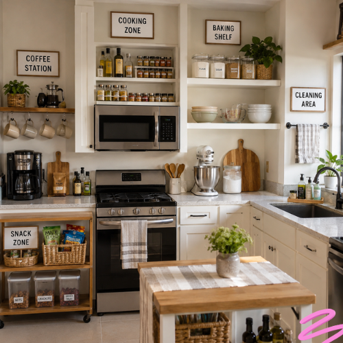 Well-organized small kitchen divided into functional zones