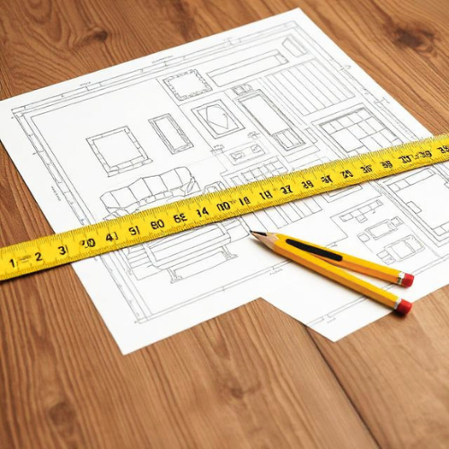 Yellow tape measure stretched across wood table with home decor plans