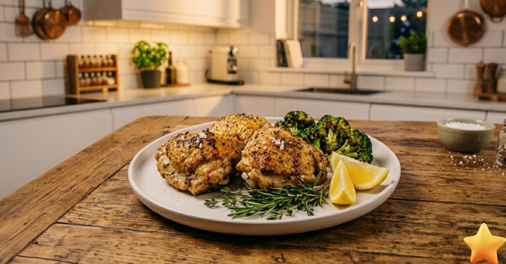 crispy air fryer chicken thighs with garlic herb seasoning on a white plate