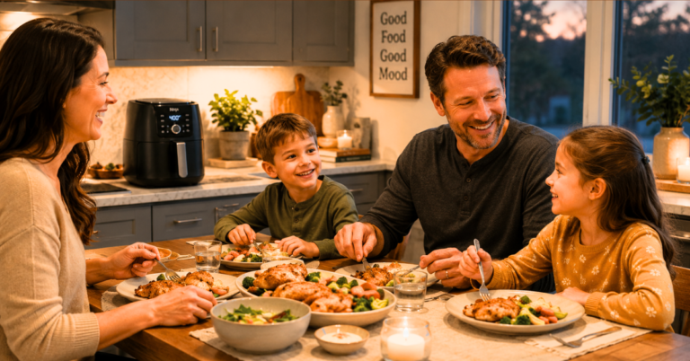 family enjoying easy air fryer dinner recipes at kitchen table with crispy chicken and roasted vegetables