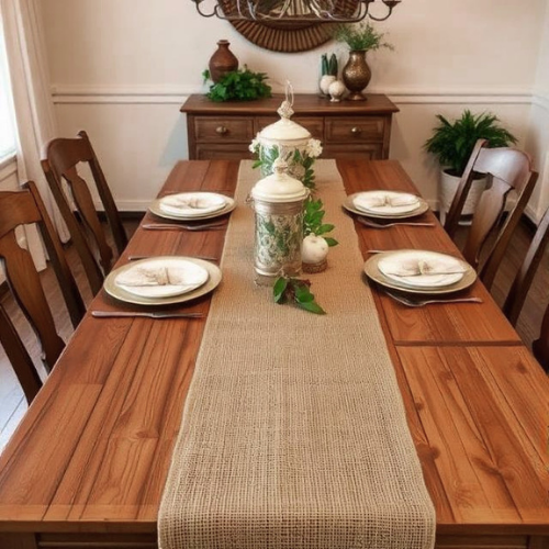 farmhouse dining table with burlap runner rustic elegant setup