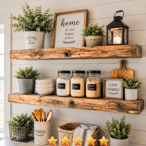 farmhouse floating shelves with decor items plants jars rustic wood design
