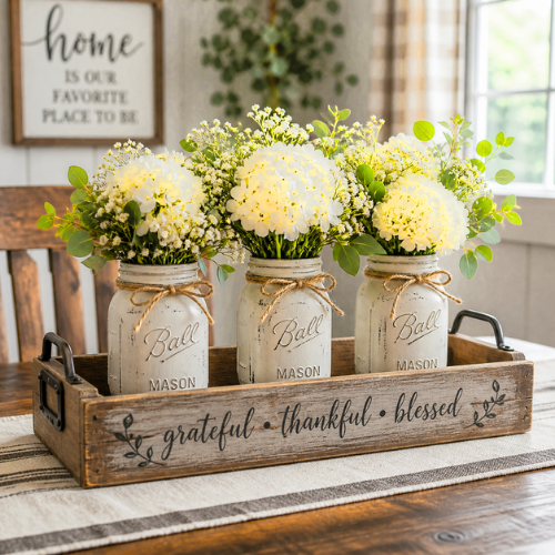 farmhouse table centerpiece with mason jars