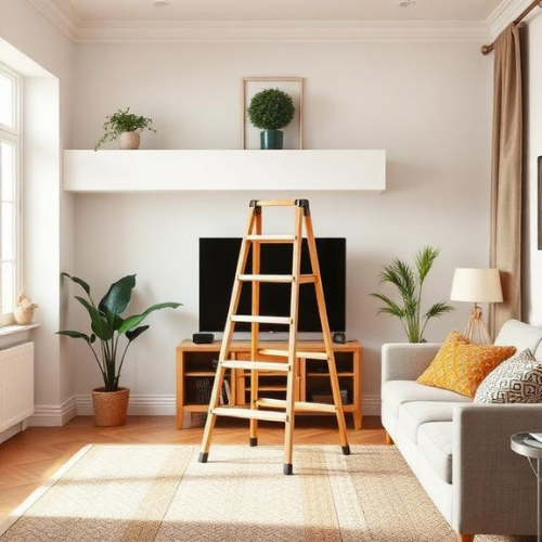Folding step ladder in stylish living room with homeowner decorating upper wall