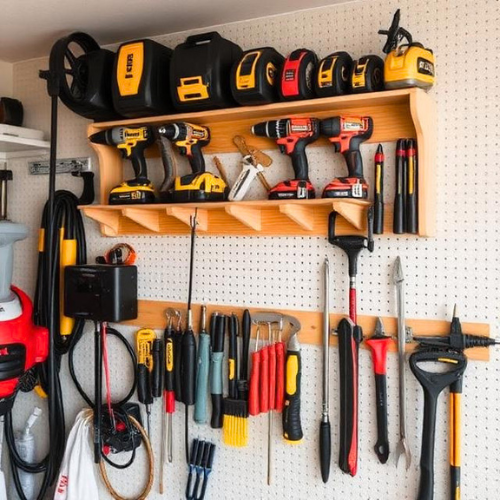 Garage wall with mounted diy power tool organizer holding drills chargers and hand tools