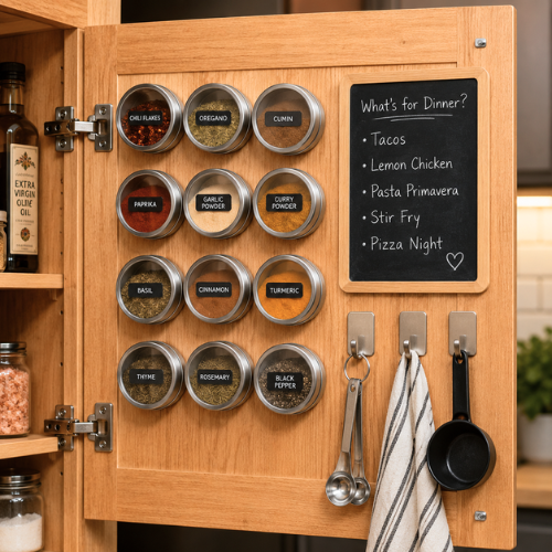 The inside of a kitchen cabinet door fitted with magnetic spice tins