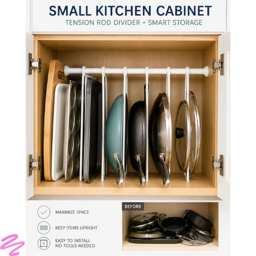 small kitchen cabinet with tension rod divider smart storage