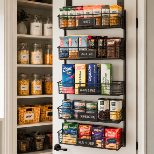 A pantry door fitted with a sleek over-the-door organizer holding spice